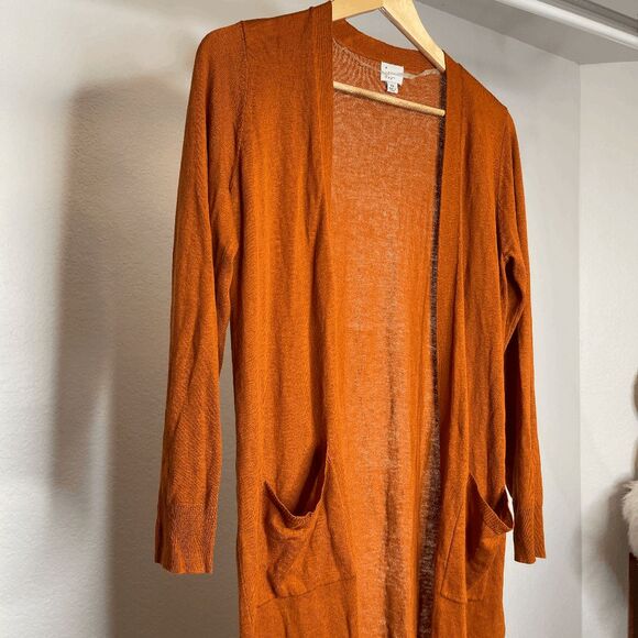 A New Day‎ Orange Duster Cardigan Long Sleeve Open Front Pockets Knit Small - Picture 1 of 8